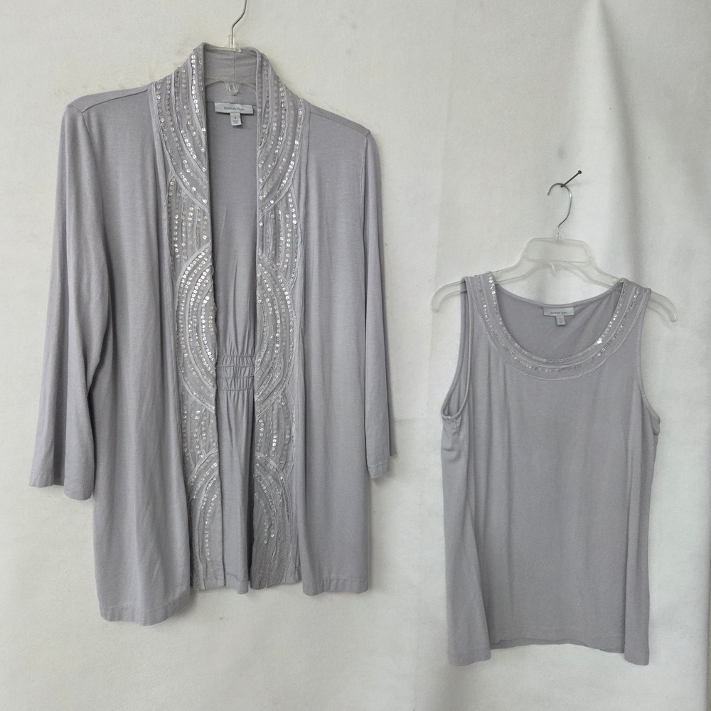 Amber Sun Womens 2 Piece Twin Set Sequin‎ Cardigan Tank Gray Small Knit